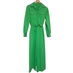 Vintage 60's 70's Retro Green Long Sleeve Jumpsuit Wide Leg Belted Hippie Small
